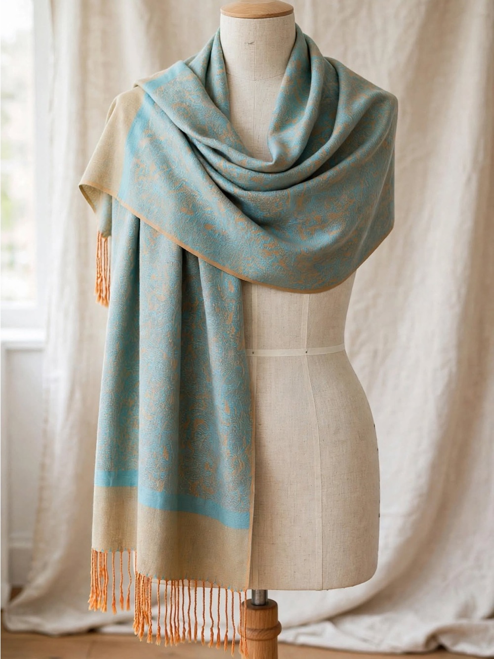 Pashmina Silk Shawl Wrap 70% Pashmina 30% Silk Aqua Beige Gold Jacquard